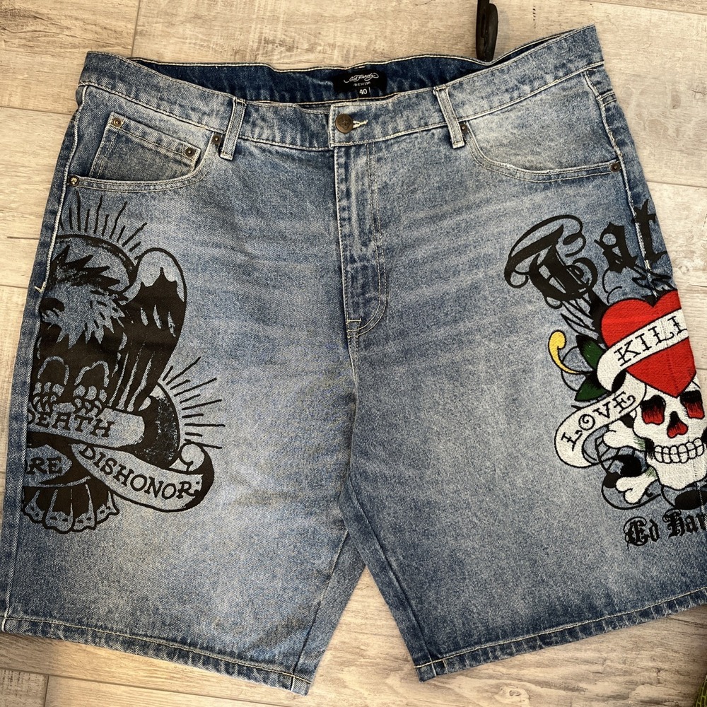 VTG Y2K Ed Hardy Christian Audigier Jean Shorts Jorts Embroidered Skull Men's 40